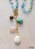 Boho Necklace, Mala Necklace,Blue Aquamarine, Rose Charm, Elegant Lariat